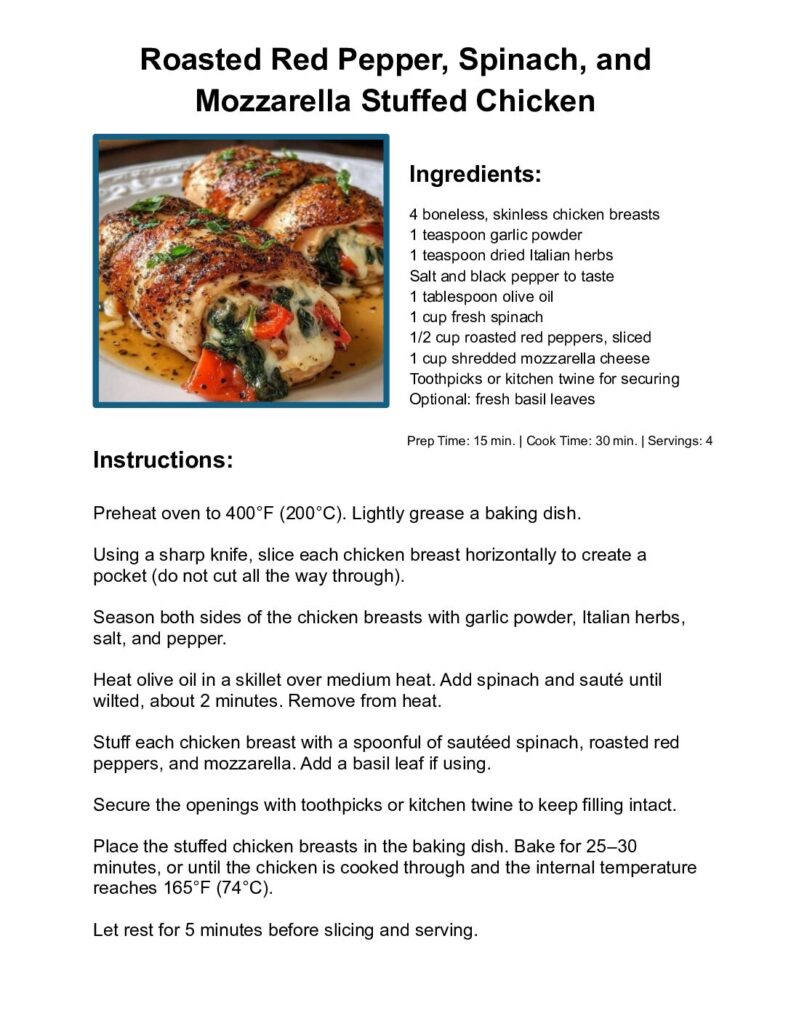 thumbnail of Roasted Red Pepper Spinach and Mozzarella Stuffed Chicken