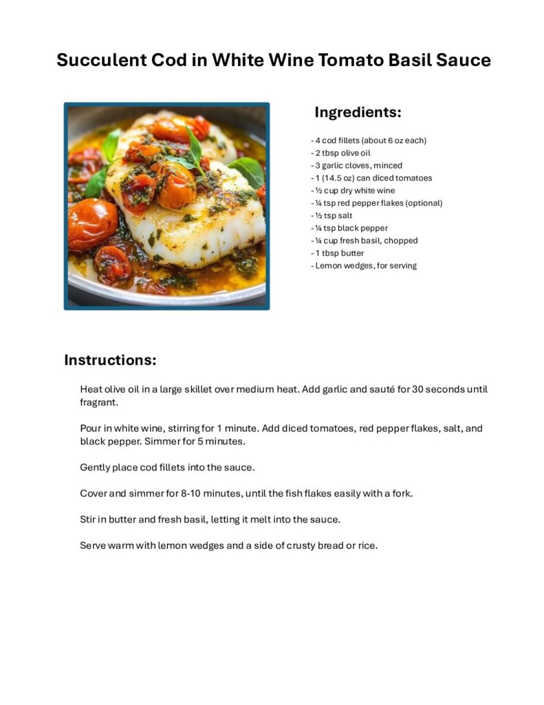thumbnail of Succulent Cod in White Wine Tomato Basil Sauce